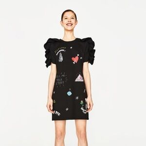 Zara Black Mini Dress with Graphic Designs